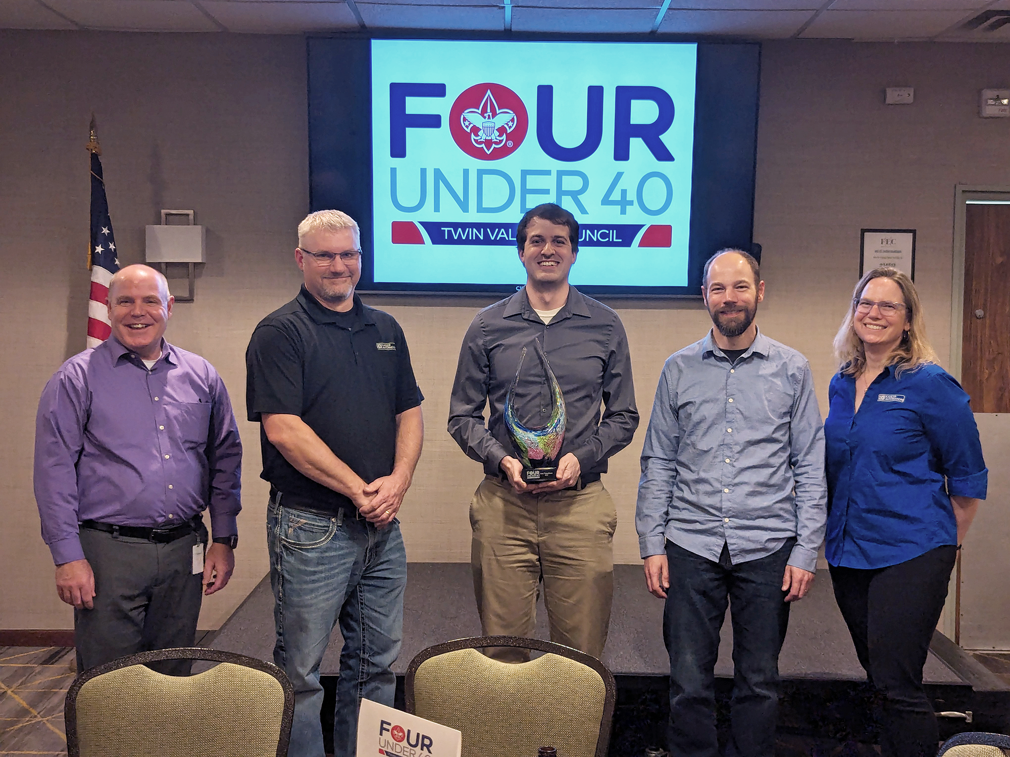 Kahler Automation representatives at the 2024 “Four Under 40” event included (from left): John Christ, Chris Stegge, Sam Viesselman, Logan Kahler, and Chantill Kahler Royer.